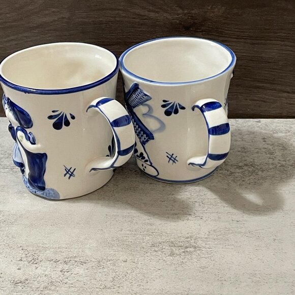 Vintage Blue Delft Deco Hand Painted Raised Relief Children Windmill Mugs Set/2 - Picture 2 of 10